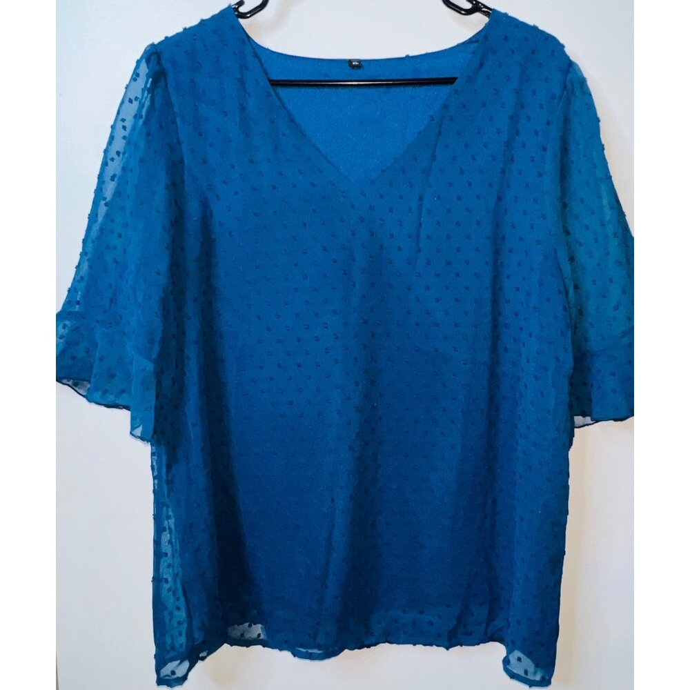Sheer-Lined Blue Polka Dot Womens Blouse XL